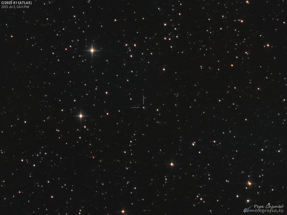PepeChambo's tweet image. ☄️ El cometa C/2025 K1 (ATLAS) hace unos días, aunque aún se muestra con una pequeña cola y magnitud 15, si sobrevive al perihelio y mantiene su actividad, podría brillar hasta magnitud 7.5 y ser visible con prismáticos en octubre 👇
ℹ cometografia.es/2025k1-atlas-2…
#cometa #astronomía