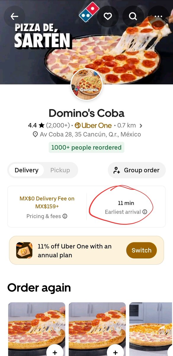 Pedí una pizza de <a href="/dominosmx/">Domino's México</a> hace 50 minutos. Hablé para preguntar sobre mi pedido y me dijeron que el estimado de todas las entregas de dominos es de 1 hora aprox. Increíble y ridículo que si lo pido por <a href="/UberEATSmx/">UberEATS México</a> llega en aprox 10 minutos 😂😪