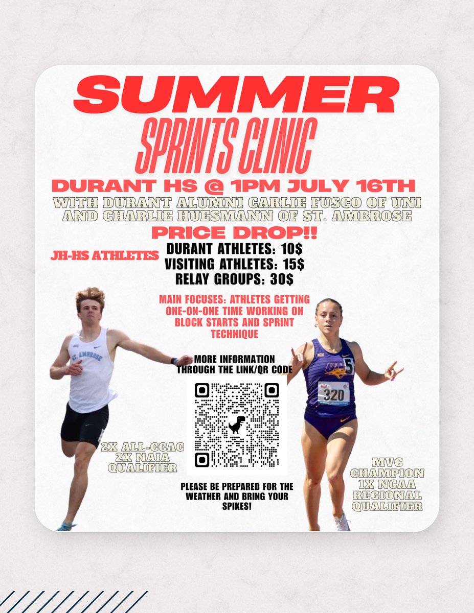 Clinic price drop! Sign up using the link below, excited to work on some explosive and speed work skills next week!! 

Please message me for any questions or to pay in person! 

forms.gle/9SKLBnZQMzHzV3…