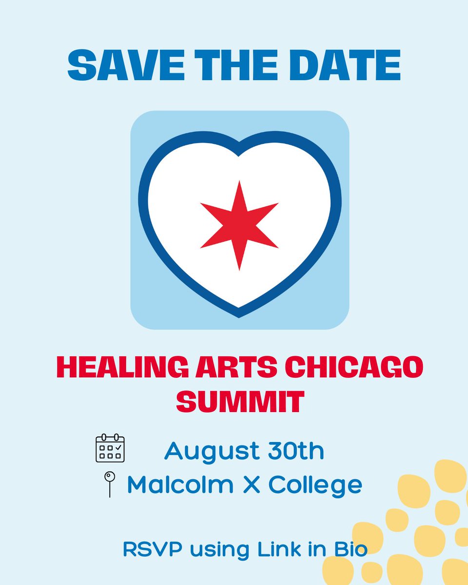 ChiPublicHealth's tweet image. Registration is NOW opened for our 2nd Healing Arts Chicago Summit on August 30 at @MX_College. It will be a full day of art, workshops, performance & community care. 🙂 🎉
RSVP now: chi.gov/3IgIyWW
@ChicagoDCASE
#Chicago #HealingArts #Free #Workshops