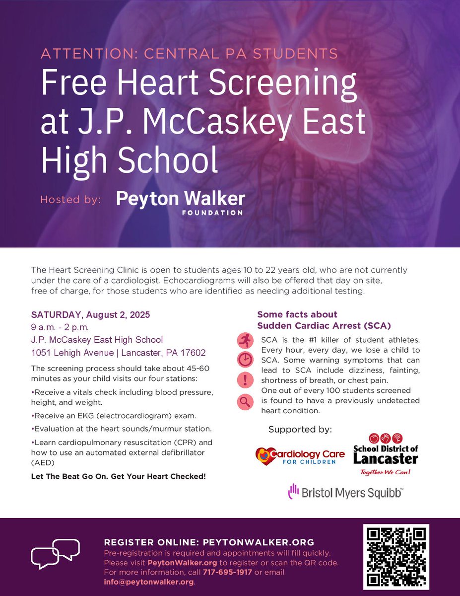 We at PIAA District III are proud to continue our association with the Peyton Walker Foundation. Please check out this important screening August 2 at JP McCaskey