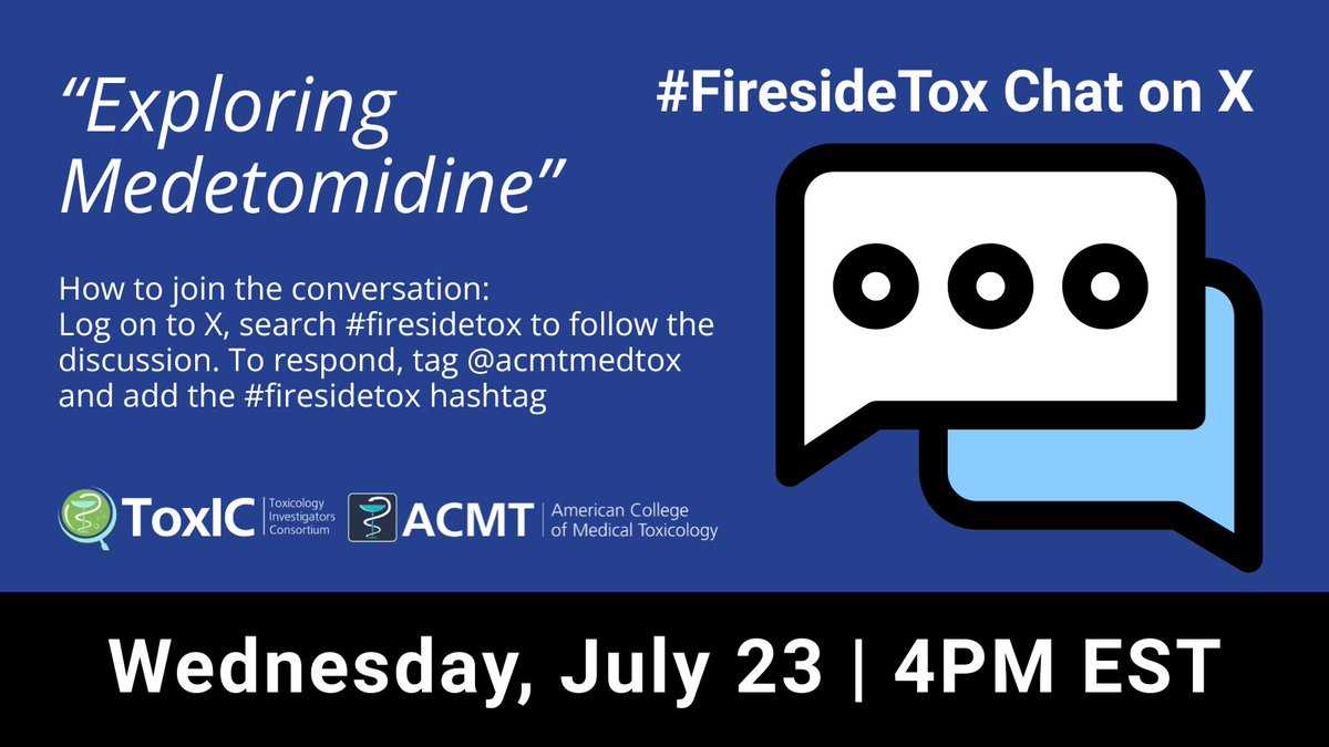 ToxICACMT's tweet image. 🚨Upcoming #firesidetox Chat! We&apos;re teaming up w/
@acmtmedtox to co-host an interactive chat exploring #medetomidine on Wed. 7/23 4pm ET! Search the hashtag to follow the conversation - add your voice by tagging @acmtmedtox and #firesidetox.  
#opiods #FentanylCrisis
@mbspyres