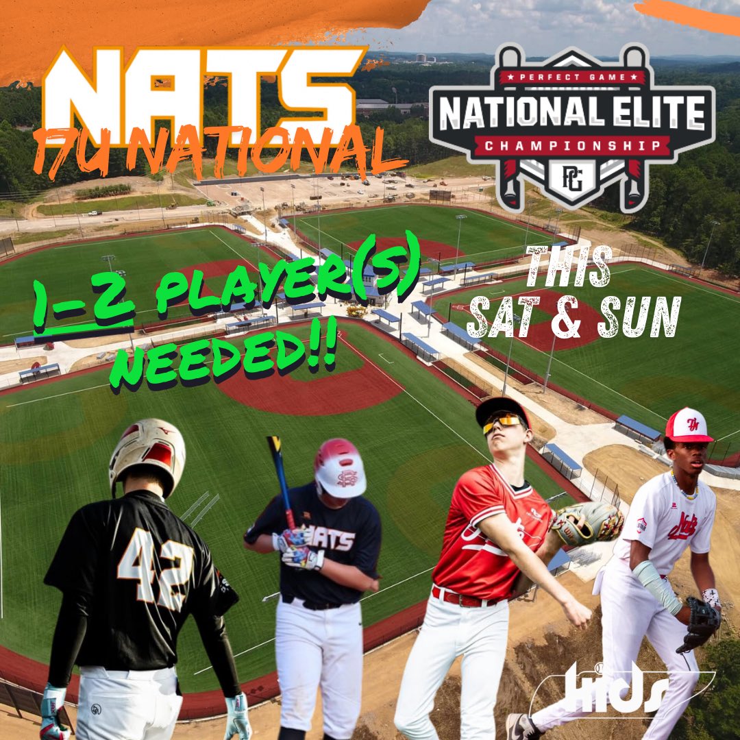 NATS Baseball (@tnnationalsbb) on Twitter photo NATS 17U NATIONAL is looking for an additional position player this weekend at the 2025 <a href="/PerfectGameUSA/">Perfect Game USA</a> 17u National Elite Championship‼️
SAT @ 12:40p - Stadium at Hoover Met
SUN @ 8:00a - Spain Park Veterans Park
DM us for more information or text 865-659-9394. #TNkids NATS 17U NATIONAL is looking for an additional position player this weekend at the 2025 <a href="/PerfectGameUSA/">Perfect Game USA</a> 17u National Elite Championship‼️
SAT @ 12:40p - Stadium at Hoover Met
SUN @ 8:00a - Spain Park Veterans Park
DM us for more information or text 865-659-9394. #TNkids