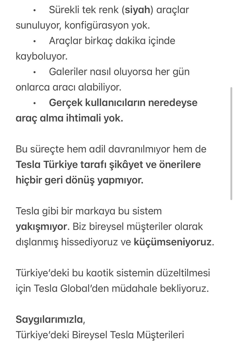 Her gün aynı tiyatro:

• Envanter açılıyor ama kimse göremiyor.
• Siyah dışında renk yok.
• Siparişe tıklayınca hata/araç mevcut değil. 
• Botlar araçları kapıyor.

Gerçek kullanıcıya sadece CAPTCHA düşüyor.

Bu saçmalığa sessiz kalmayalım…

<a href="/Tesla/">Tesla</a> <a href="/elonmusk/">Elon Musk</a>
<a href="/teslaeurope/">Tesla Europe, Middle East & Africa</a>