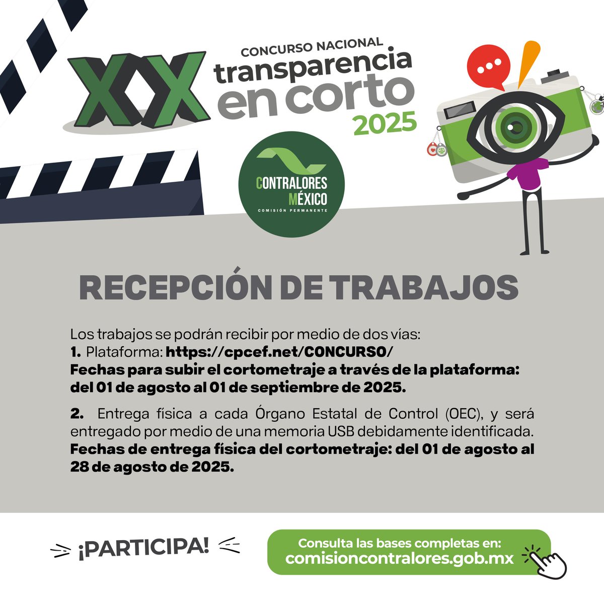 ContraloriasMX's tweet image. Así puedes entregar tus #trabajos y participar en el XX CONCURSO NACIONAL TRANSPARENCIA EN CORTO 2025, un espacio de expresión audiovisual. Tema:

 “Mecanismos de impulso a la transparencia para combatir la desinformación”.

Consulta las bases de participación en: