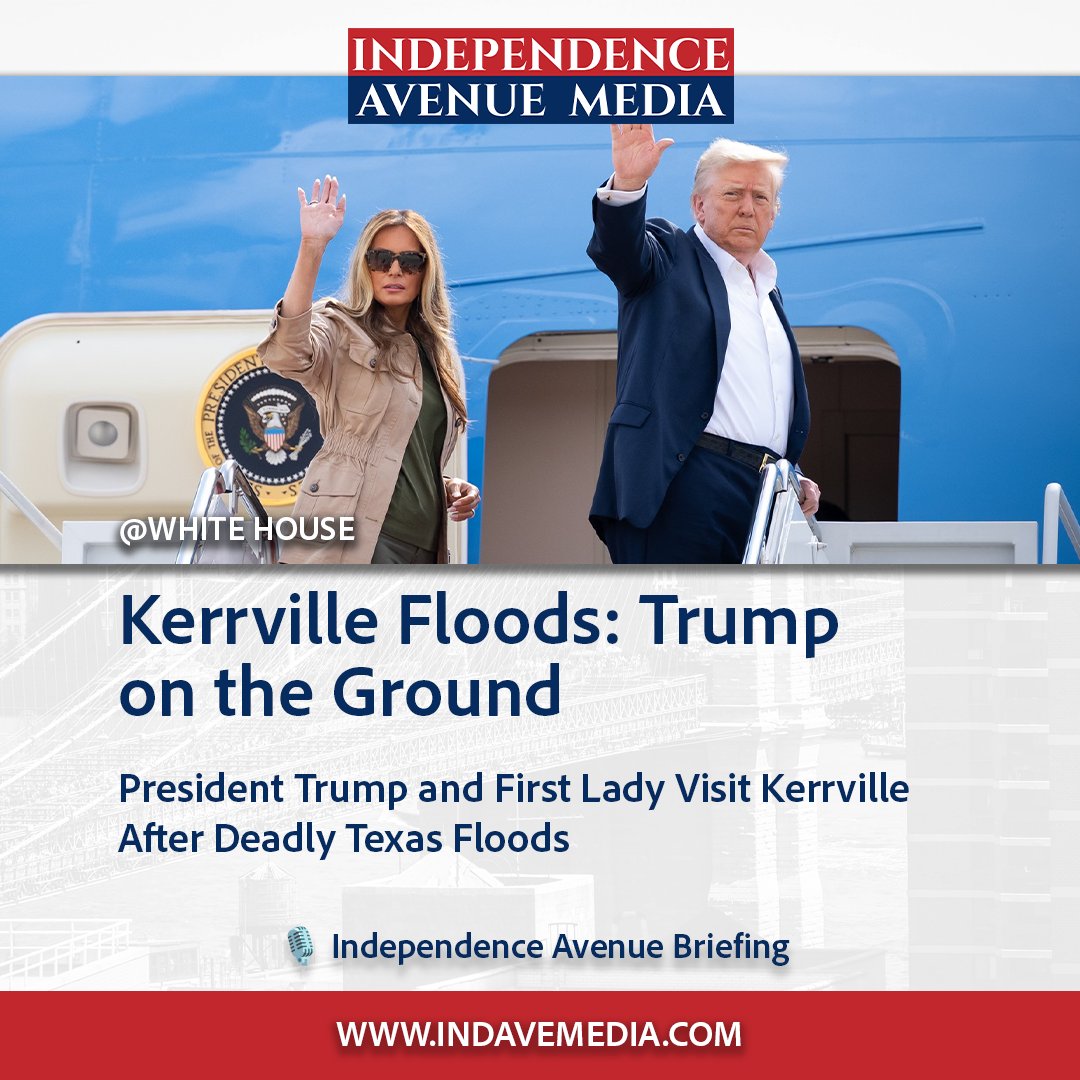indavemedia's tweet image. President Donald Trump and First Lady Melania Trump arrived in Kerrville, TX, where devastating floods on July 4, 2025 killed at least 120 people. About 160 people are still missing.
#TexasFloods #Trump #Kerrville #DisasterRelief #TexasNews #IndependenceAveMedia