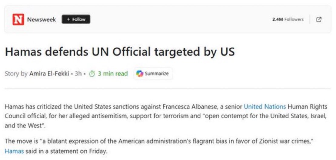 Hamas—the genocidal terrorist group that murdered, gang raped, and tortured innocent Jews while live streaming the slaughter on Facebook—is defending Francesca Albanese. 

That tells you everything you need to know about Francesca Albanese.