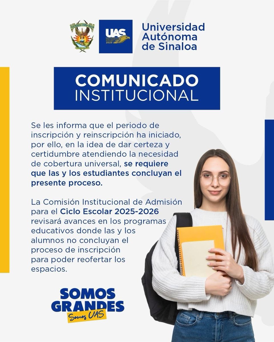 uacclm1's tweet photo. 🎓✨ ¡No te quedes fuera!
✅ Concluye tu inscripción y siente el orgullo de ser universitario/a 💛

📚 La mayor oferta y cobertura, así como la institución de educación superior más accesible de todo el Estado de Sinaloa,
🤝 te recibe con los brazos abiertos. 🦅

#UAS https://t.co/7iX77HvY6K