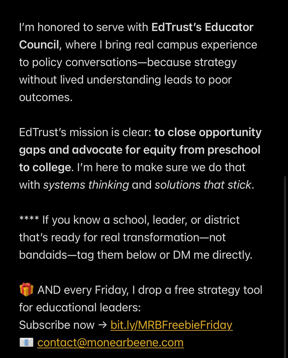 DrBeene_'s tweet image. Our schools don’t need more programs, they need working systems.

I’m honored to bring my expertise to EdTrust’s Educator Council and support equity-focused policy that actually works.

Tag a leader or school ready for change.

 #EducationLeadership #PolicyAndPractice