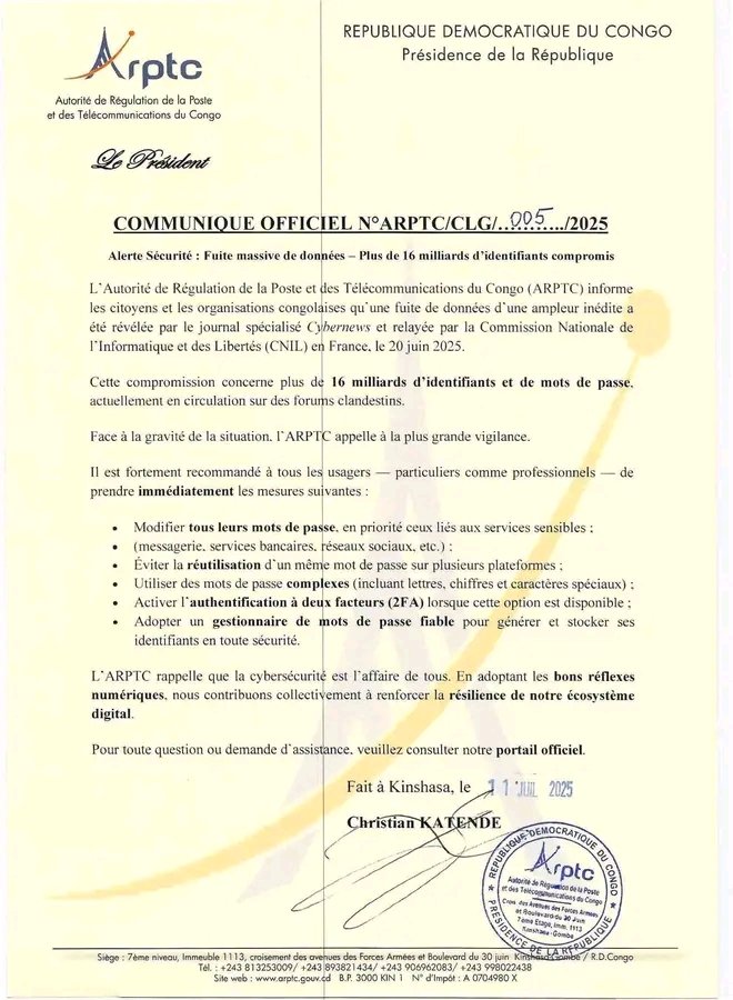 LaCibleMagazine's tweet photo. @pt_numerique 
RDC/Numérique : L’@ARPTC alerte sur une fuite massive de #données révélée le 20 juin 2025, impliquant plus de 16 milliards d’identifiants en circulation sur des forums clandestins. Elle appelle les usagers à changer leurs mots de passe,... https://t.co/UpJ0SSskTt
