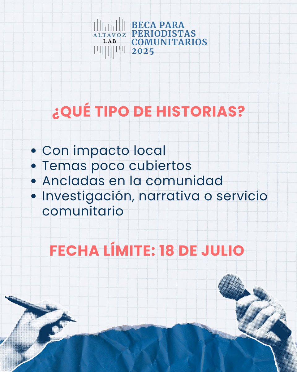 Altavoz_Lab's tweet image. Esta beca es para TI.
Para periodistas que:
🗣️ Están arraigados en su comunidad
📰 Cuentan historias ignoradas
🌎 Trabajan en inglés o español
⏳ Postula antes del 18 de julio
🔗 altavozlab.com/beca-para-peri…
#NoticiasLocales #Beca