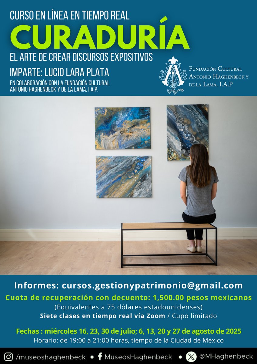 Inscríbete al curso "Curaduría. El Arte de Crear Discursos Expositivos", que impartirá el Mtro. Lucio Lara Plata.

¿Cuándo?
Miércoles a partir del 16 de julio, 19 a 21 h.

Informes a: cursos.gestionypatrimonio@gmail.com