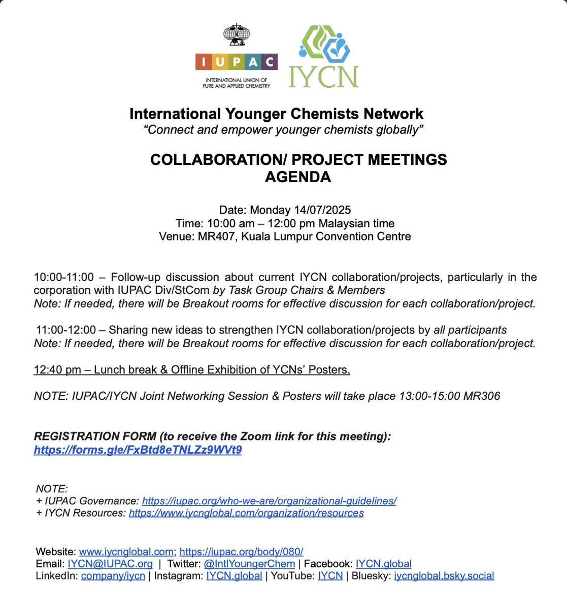 IntlYoungerChem's tweet image. 🧪 Join us for the IYCN Collaboration/Project Meetings!
📅 July 14, 2025 | 🕙 10AM–12PM MYT
📍 MR407, KL Convention Centre & 🌐 Online
🔗 Register for Zoom: forms.gle/FxBtd8eTNLZz9W…
Let’s shape the future of global chemistry together!
#IYCN #IUPAC2025 #ChemTwitter