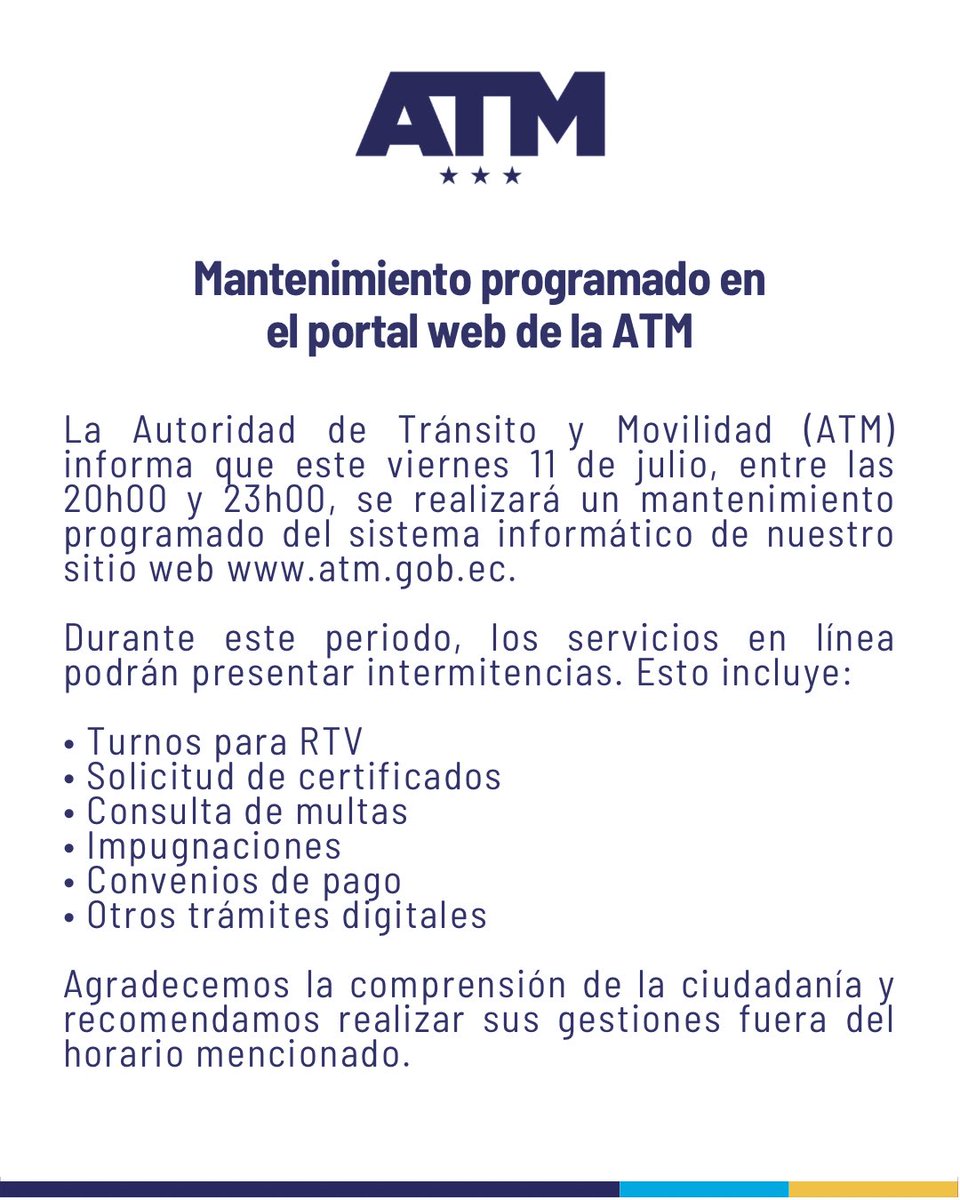 Mantenimiento programado en el portal web de la ATM.