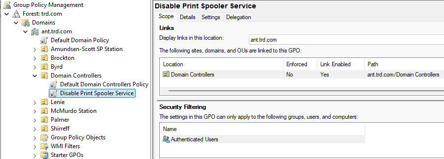 PyroTek3's tweet photo. The Print Spooler service is a default service on Windows Servers and is set to run at startup. There are a number of attacks that are enabled by having the Print Spooler service running on Domain Controllers (ex.: Printer Bug: https://t.co/7NbMT0iMkJ)

At this point it's best to configure a GPO to disable the Print Spooler service on Domain Controllers (2nd & 3rd screenshot show the GPO settings). There shouldn't be anything affected by this change. No one should be using their Domain Controller as a print server and the only thing this service does by default is manage automatic Printer object pruning, but there needs to be a GPO to configure this. We have only seen this a total of 2 times over 8 years of performing Active Directory Security Assessments (ADSAs)

PowerShell code to check if the Print Spooler service is running in the current domain (requires DC admin rights, so domain Administrator or equivalent):

$DomainDCs = Get-ADDomainController -Filter * | Sort HostName
ForEach ($DomainDCItem in $DomainDCs) 
 { 
    $ServiceStatusArray = Get-service -Name 'spooler' -ComputerName $DomainDCItem.HostName
    
    switch ($ServiceStatusArray.Status) 
    {
        "Running" { Write-host "$($DomainDCItem.HostName): Print Spooler Service is RUNNING" -ForegroundColor Red }
        "Stopped" { Write-host "$($DomainDCItem.HostName): Print Spooler Service is stopped" -ForegroundColor Green }
        default { Write-host "$($DomainDCItem.HostName): Test failed" -ForegroundColor Yellow }
    }
 }

#ActiveDirectorySecurityTip