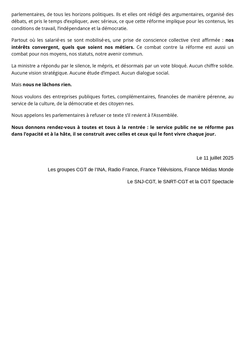 Le projet de réforme de l'audiovisuel public continue son chemin sans débat et sans consensus.  Mais partout dans nos entreprises, la prise de conscience est là : nos intérêts convergent.  🔥 Que Mme Dati s'attende à une rentrée explosive face aux groupes CGT réunis 🔥