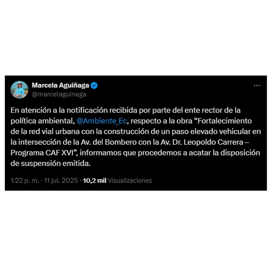 🔴Tras la notificación del Ministerio del Ambiente, la Prefectura del Guayas anunció la suspensión de la construcción del paso elevado en la avenida del Bombero, en Los Ceibos, norte de Guayaquil, así lo indicó la Prefecta Marcela Aguiñaga.

Aguiñaga informó la decisión a través