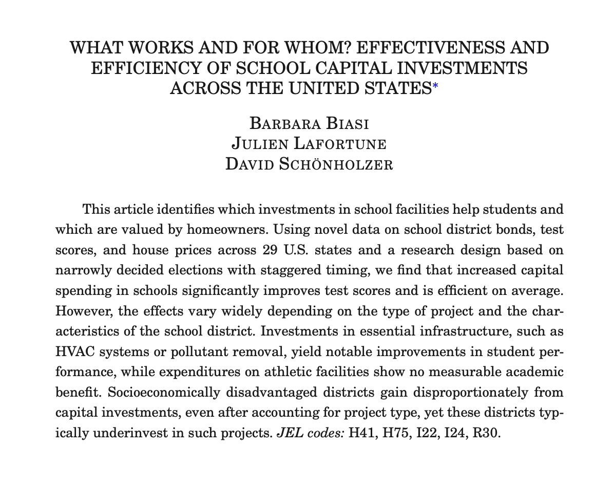 YaleEconomics's tweet image. "This article identifies which investments in school facilities help students and which are valued by homeowners."
NEW in @QJEHarvard by Barbara Biasi, Julien Lafortune, and David Schönholzer: academic.oup.com/qje/article/14…