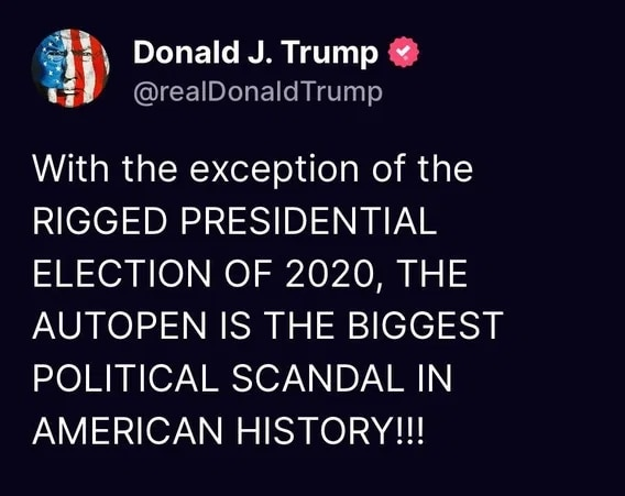 Jessie2 (@jessies_too) on Twitter photo I am with <a href="/POTUS/">President Donald J. Trump</a> on the Autopen scandal!!๐
A lot of important documents have allegedly
been signed by Autopen including Kentanji
Jackson's nomination for SCOTUS. ๐ค
Your thoughts? I am with <a href="/POTUS/">President Donald J. Trump</a> on the Autopen scandal!!๐
A lot of important documents have allegedly
been signed by Autopen including Kentanji
Jackson's nomination for SCOTUS. ๐ค
Your thoughts?
