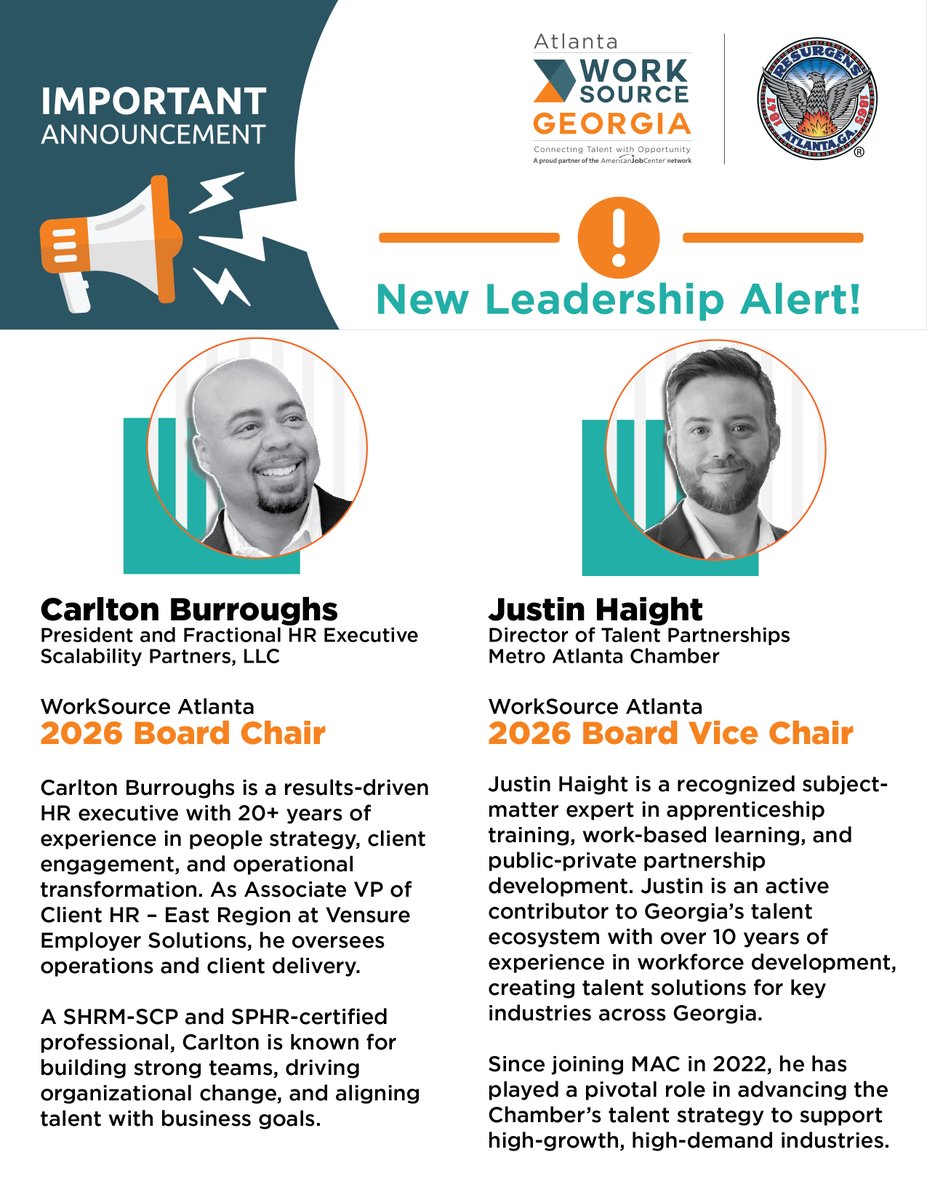 WorkSourceATL's tweet image. Join the ADOLES in welcoming in our new WorkSource Atlanta 2026 Board of Directors Chair, Carlton Burroughs and Vice-Chair, Justin Haight. Their full bios can be read here: lnkd.in/gtSiug93 and lnkd.in/g-pENTcA #WorkforceDevelopment #Atlanta #Leadership #WSABoard
