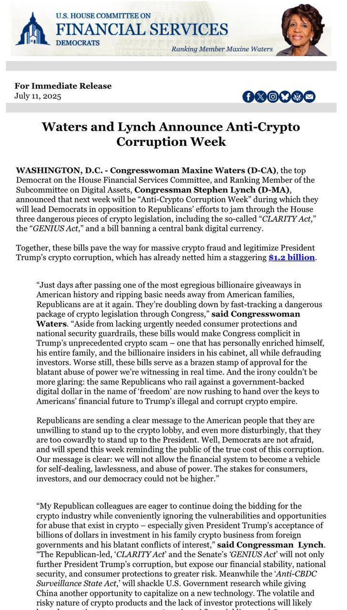 MqatK99462's tweet photo. 🚨 NEW:
Reps. Maxine Waters and Stephen Lynch have launched “Anti-Crypto Corruption Week” to oppose GOP-backed crypto legislation, claiming it enables “Trump’s crypto corruption.” 🏛️
#Crypto #Politics #MaxineWaters #StephenLynch #Trump #CryptoRegulation #Congress #CryptoNews https://t.co/gpjIgSqHhr