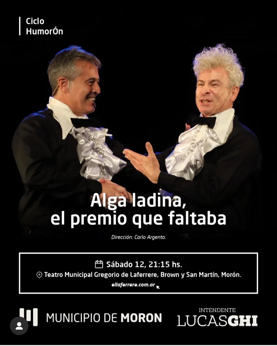 Sábado 12/7 a las 21.15hs. Se presenta ALGA LADINA (el premio que faltaba) en <a href="/elLaferrere/">Teatro Municipal Gregorio de Laferrere</a> de Moron. 
Agasajo cómico para tiempos donde la risa se vuelve necesaria. 
Entradas gratuitas. 
Grupo <a href="/carnedecritica/">Carne de Crítica</a>