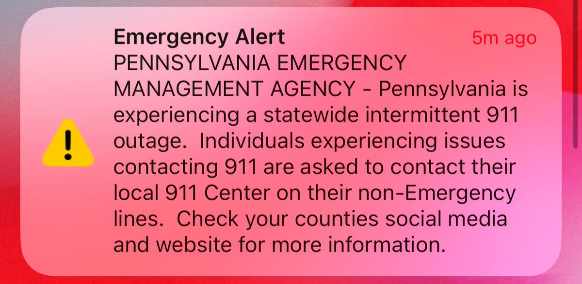 ScottPresler's tweet photo. BREAKING: 

Just got an alert that 911 is down for all of Pennsylvania. 

That’s not good. https://t.co/wahZw5K5Sx