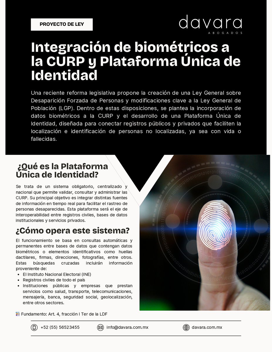 DavaraAbogados's tweet photo. 📣 La #CURP evoluciona: ahora podrá incluir huellas y foto como nuevo ID oficial.
✅ CURP con datos biométricos, obligatoria para trámites
✅ Nuevo Sistema Nacional de Identidad
✅ Tú decides cuándo compartirlos (según la ley)
📎 Consulta nuestro brief 

#Privacidad #Biométricos https://t.co/1ZSsKUeEBb