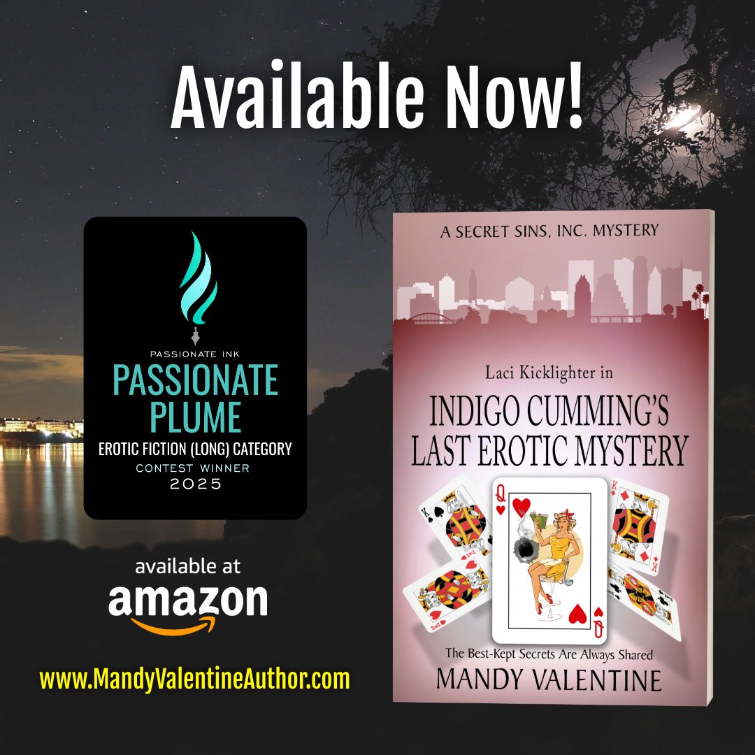 MandyVAuthor's tweet photo. So excited my latest Laci Kicklighter erotic mystery has won the 2025 Passionate Plume Erotic Fiction Long Category. Thank you to all the judges who voted for it! A story within a story, it’s Laci and Capri’s most daring sexy adventure together! Get your copy on Amazon! https://t.co/FD6epVu05I
