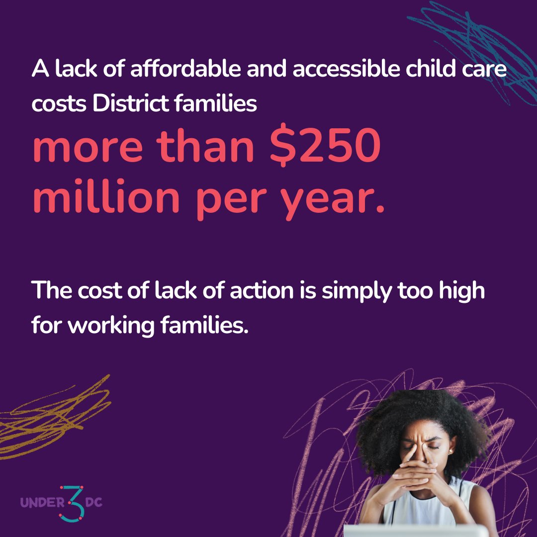 Under3DC's tweet image. DC loses millions of $$$ in tax revenue annually due to a lack of stable child care for families. Invest in child care to invest in #WashingtonDC! @chairmanphilmendelson Fully fund #childcare subsidies and the Pay Equity Fund in the budget!
