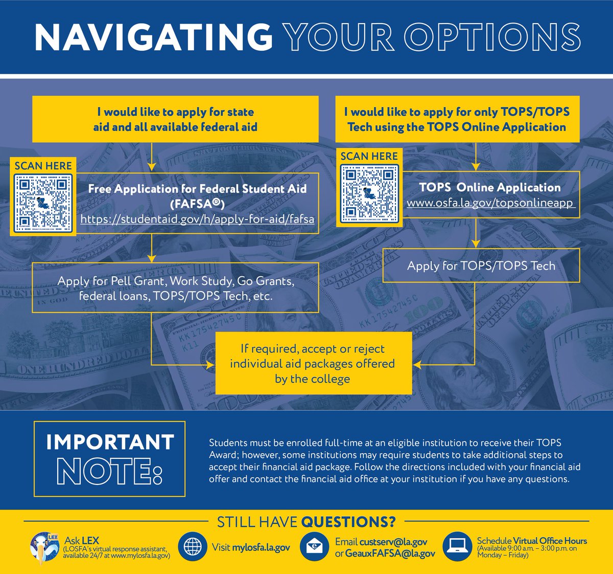 Know your options ☑️

You have two options to apply for TOPS: the TOPS Online Application or The Free Application for Federal Student Aid (FAFSA®). 

Visit mylosfa.la.gov/applying-for-t… for more information.