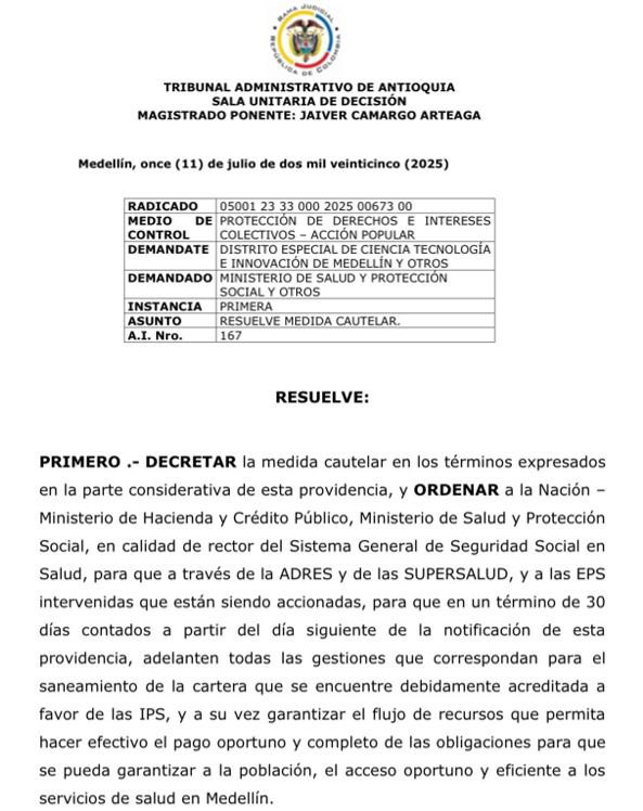 Urgente ‼️ 

Hoy la Justicia ordena al Gobierno Nacional y a las EPS intervenidas que en 30 días pague toda la deuda que tiene con los hospitales públicos y privados. Este es un fallo histórico, producto de una acción popular ante el Tribunal administrativo que presentamos hace