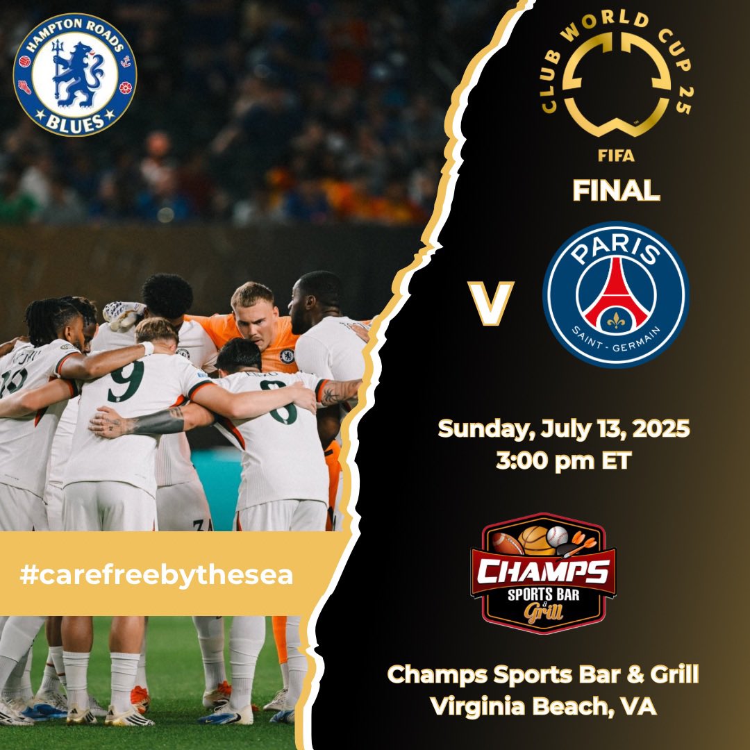 CLUB WORLD CUP FINAL AT CHAMPS IN VB!
Join the Hampton Roads Blues for a special edition matchday meeting to watch the final of the 2025 FIFA Club World Cup. Kickoff is at 3 pm this Sunday! So wear your best Chelsea gear and join us to be #carefreenythesea