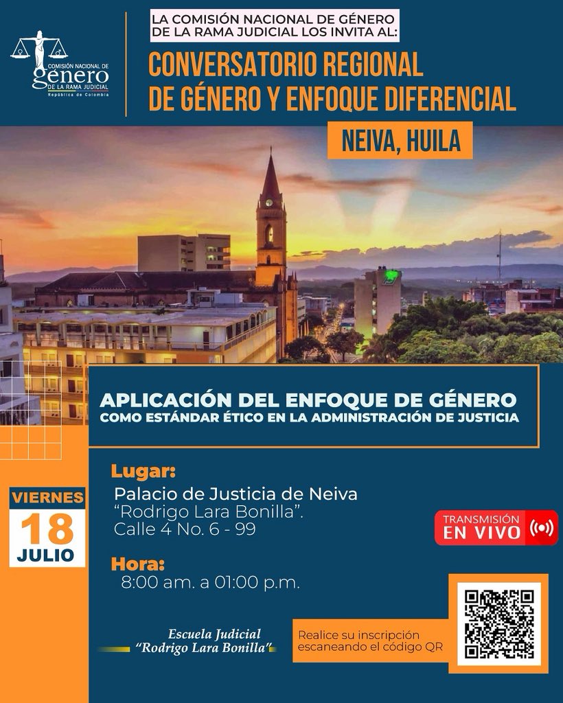 #RamaJudicial | En 8 días retomaremos nuestros conversatorios en una sede muy especial. Estaremos en el #Huila, que a fin de año también acogerá a la Comisión de Género y a los actores más importantes de la justicia alrededor del #EnfoqueDiferencial como estándar ético de todos.