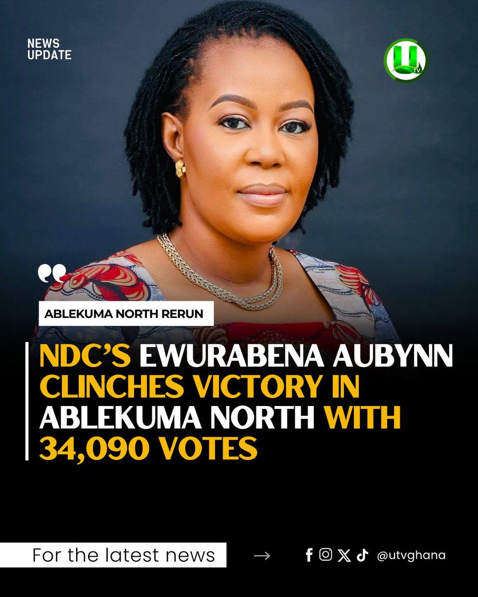 utvghana's tweet photo. Ewurabena Aubynn of the National Democratic Congress (NDC) has won the parliamentary rerun in the Ablekuma North constituency.

#UTVGhana https://t.co/KDXXeFEnbn