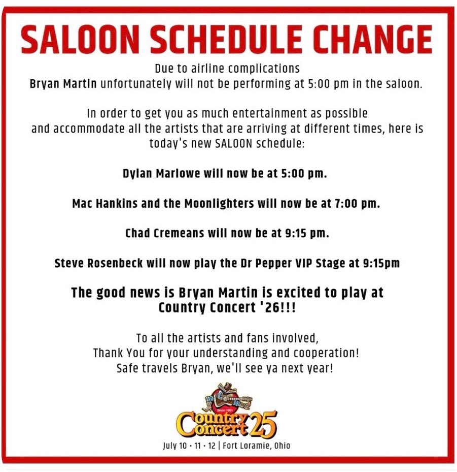 Bryan Martin Music (@thebryanmartin) on Twitter photo Man I hate to have to post this but unfortunately due to airline complications I can’t make it to <a href="/countryconcert/">#CountryConcert26</a> this year… Ohio I can’t wait to come see y’all next year at Country Concert ‘26. Love y’all Man I hate to have to post this but unfortunately due to airline complications I can’t make it to <a href="/countryconcert/">#CountryConcert26</a> this year… Ohio I can’t wait to come see y’all next year at Country Concert ‘26. Love y’all