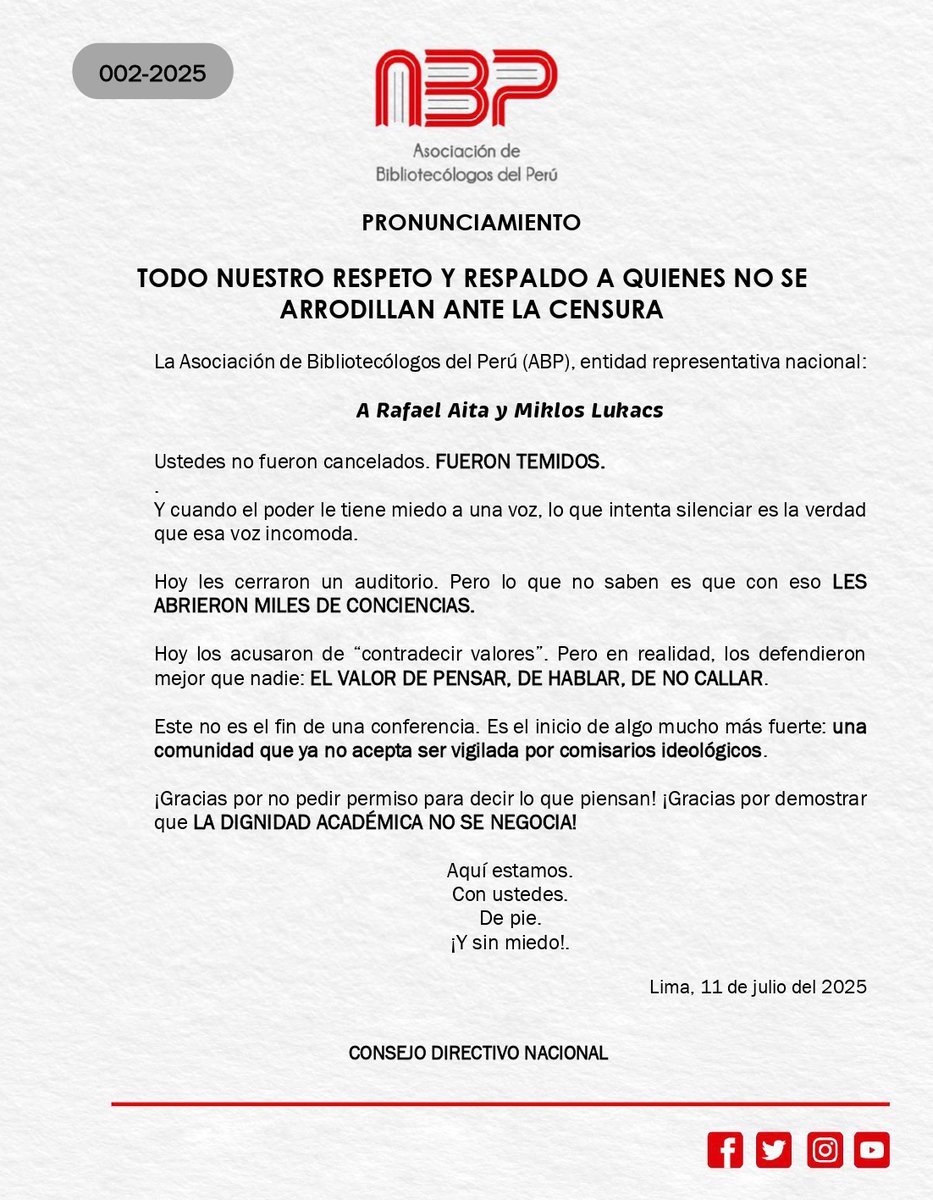 Asociación de Bibliotecólogos del Perú (@biblioabpperu) on Twitter photo 🫂 🦾TODO NUESTRO RESPETO Y RESPALDO A QUIENES NO SE ARRODILLAN ANTE LA CENSURA: La Asociación de Bibliotecólogos del Perú (ABP), entidad representativa nacional: A Rafael Aita y Miklos Lukacs
<a href="/capitanperuano/">capitanperu</a> <a href="/mlukacs/">Miklos Lukacs</a> 🫂 🦾TODO NUESTRO RESPETO Y RESPALDO A QUIENES NO SE ARRODILLAN ANTE LA CENSURA: La Asociación de Bibliotecólogos del Perú (ABP), entidad representativa nacional: A Rafael Aita y Miklos Lukacs
<a href="/capitanperuano/">capitanperu</a> <a href="/mlukacs/">Miklos Lukacs</a>