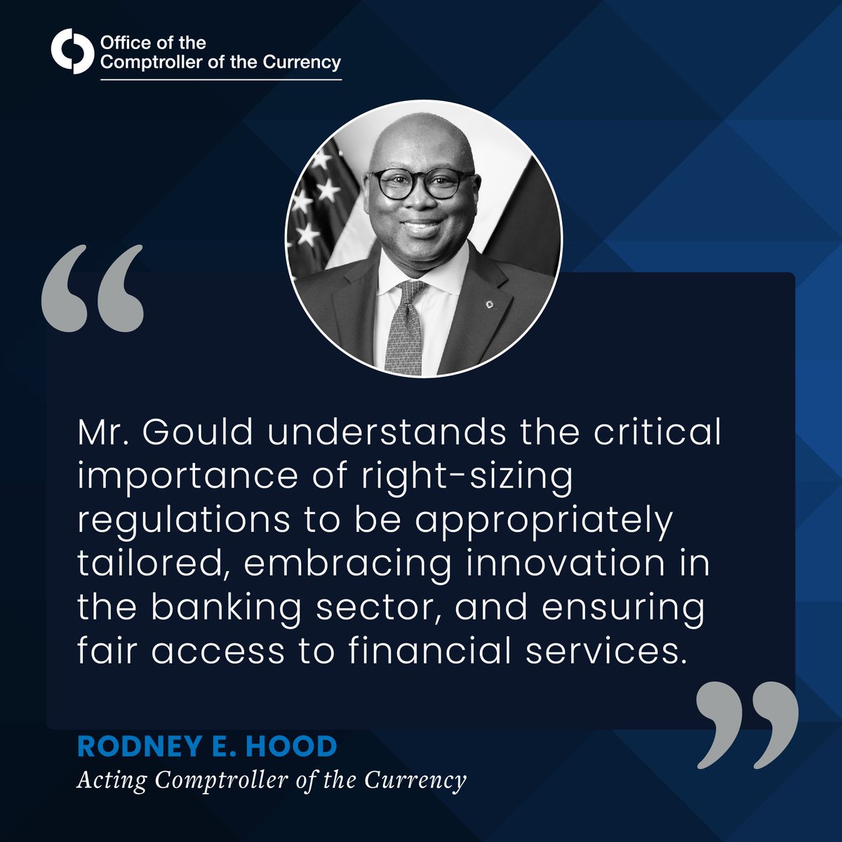 USOCC's tweet image. Acting Comptroller Rodney E. Hood congratulates Jonathan Gould on his Senate confirmation as the 32nd Comptroller of the Currency. occ.gov/news-issuances…