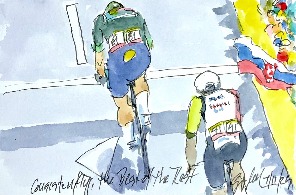 ArtofCycling's tweet photo. "Consistently, the Best of the Rest" @MilanJonathan_ @LidlTrek out sprints the #peloton & @GrmayeBiniam @IntermarcheW for sprint points. More #TDF2025 #cycling #art #watercolors at https://t.co/4j6uLsXUV0 #cyclisme #ciclismo #wielrennen #Pledran @NBCSCycling @LeTour https://t.co/FsFCI2cXHA