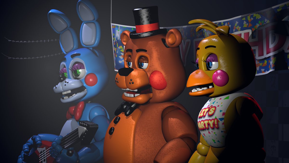 LexaBunnyBun's tweet image. My attempt at recreating the FNaF 2 stage
also bonus renders of them staring at the camera like FNaF 1