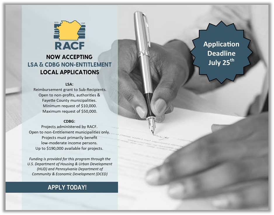 FayetteCoPA's tweet image. 📢‼️ The #FayetteCoPA Redevelopment Authority is now accepting applications for BOTH the county's Local Share Account (LSA) and Community Development Block Grant (CDBG) Non-Entitlement programs.