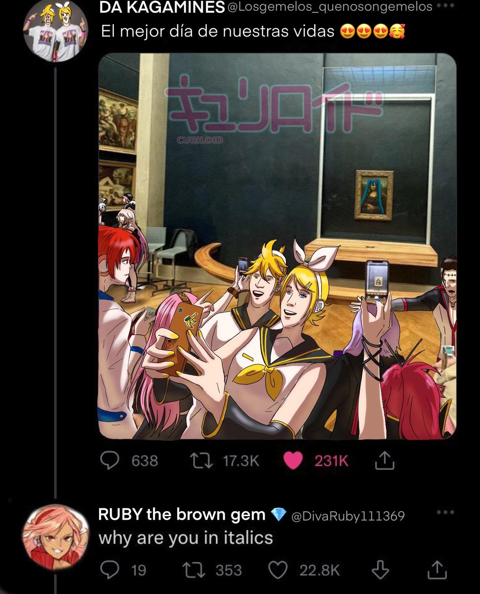 CuriVocaloid's tweet image. Da vinciiii????
Curi hecho por @vyuumat
#VOCALOID #鏡音リン #鏡音レン #KagamineRin #KagamineLen #Ruby #CuriVocaloid