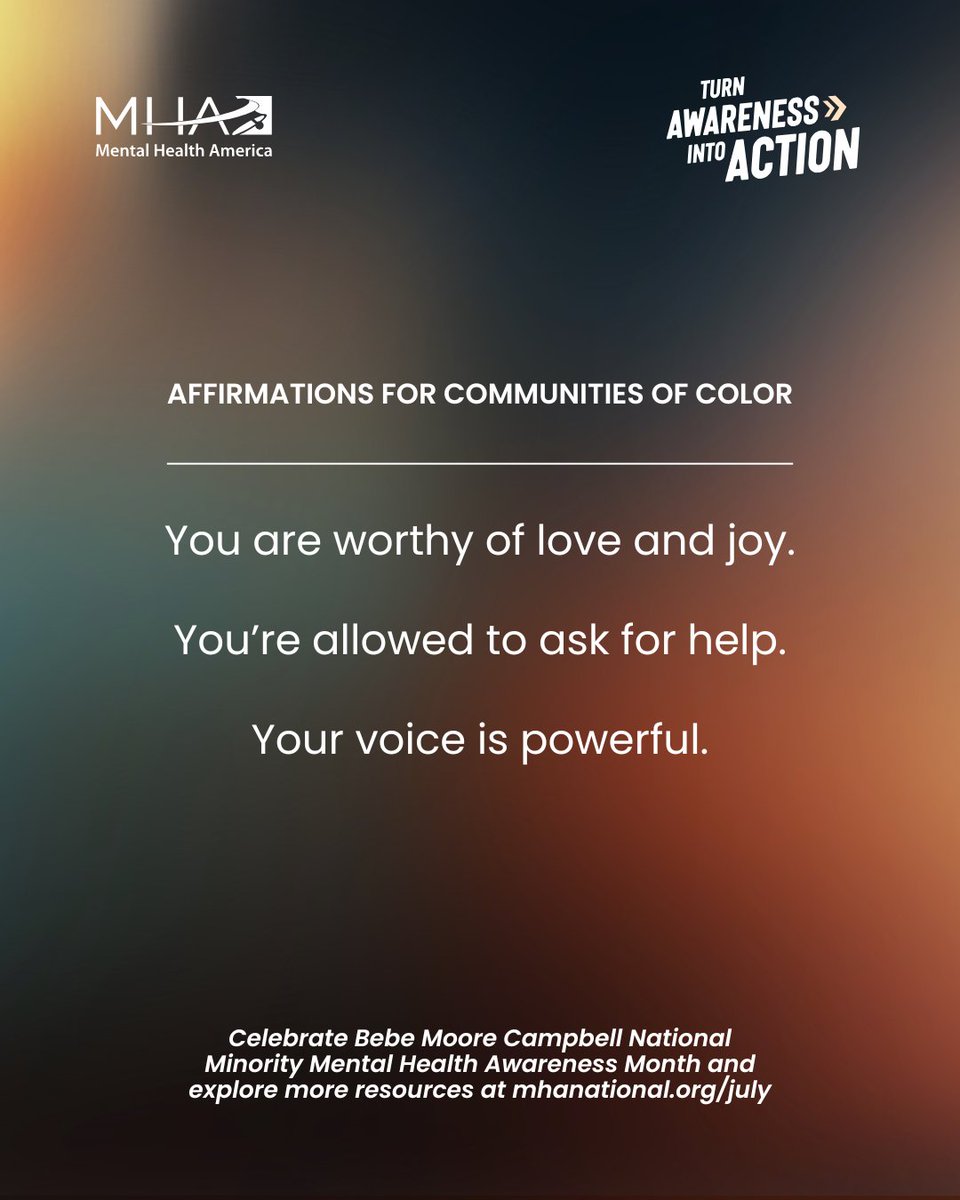 Reminders for communities of color:

You are worthy of love and joy.
You are allowed to ask for help.
Your voice is powerful.

#BIPOCMentalHealth