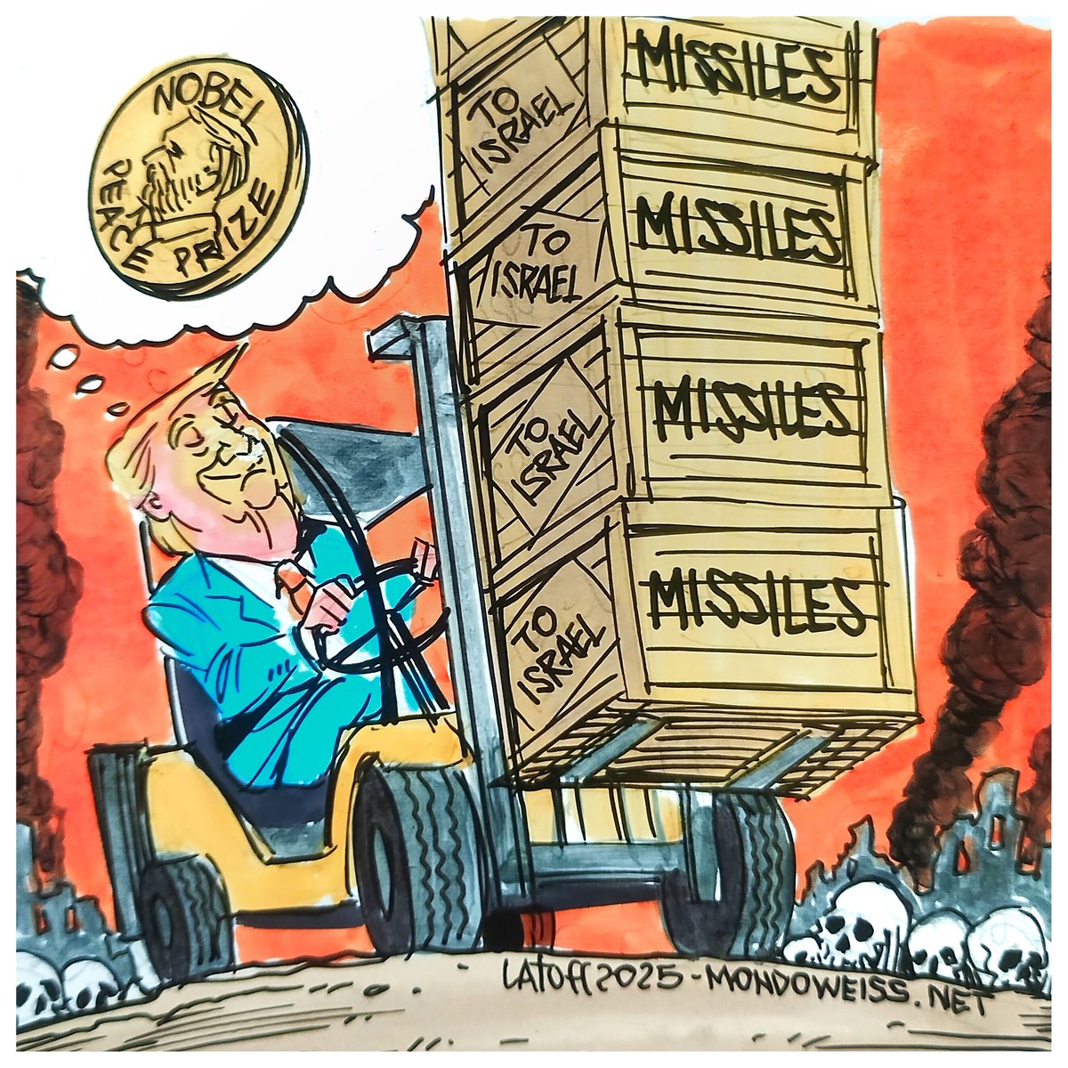 Mondoweiss (@mondoweiss) on Twitter photo War criminal Benjamin Netanyahu — wanted by the ICC for genocide — nominated convicted felon Donald Trump for the Nobel Peace Prize.
This, while Israel burns Gaza and the U.S. funds every bomb.
Cartoon by <a href="/LatuffCartoons/">Carlos Latuff</a> War criminal Benjamin Netanyahu — wanted by the ICC for genocide — nominated convicted felon Donald Trump for the Nobel Peace Prize.
This, while Israel burns Gaza and the U.S. funds every bomb.
Cartoon by <a href="/LatuffCartoons/">Carlos Latuff</a>