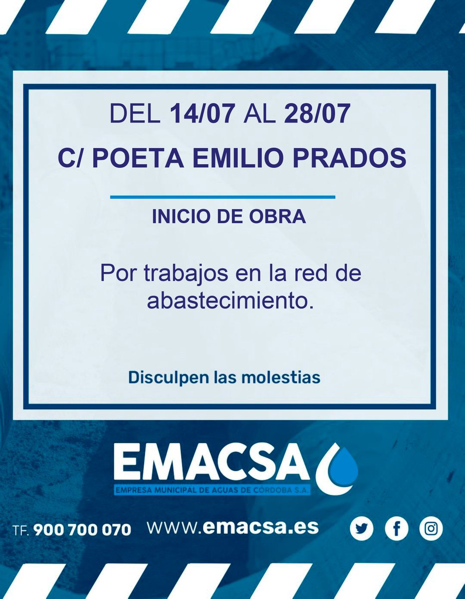 🔔 Os informamos que:
👉🏻 Corte de tráfico en CALLE POETA EMILIO PRADOS (entre C/ Poeta Manuel Altolaguirre y Gta. Santa Beatriz) por trabajos en la red de abastecimiento (CT 184/2025).
·
Del 14 al 28 de julio
¡Disculpen las molestias!
.
#Emacsa #obras #agua #TrabajamosPorUsted