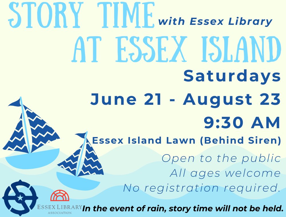 sxlibrary's tweet photo. Story Time at Essex Island
July 12, 9:30 AM
No registration is required. In the event of rain, story time will not be held.
📖⛵🌳📖⛵🌳📖⛵🌳
#storytime #weekendstorytime #childrensbooks #raisingreaders #library #libraryprogram #supportyourlocallibrary https://t.co/LEnFxijyMb