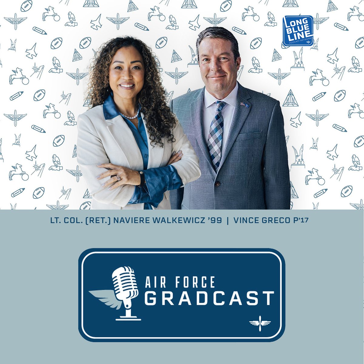 Air Force Gradcast is here! Hosts Lt. Col. (Ret.) Naviere Walkewicz ’99 and Vince Greco P ’17 have the latest and greatest in Long Blue Line news, events, updates and special features!

🎧 Listen now! bit.ly/40GYfwQ
🎙️ Subscribe to the podcast: bit.ly/3SlkmnO