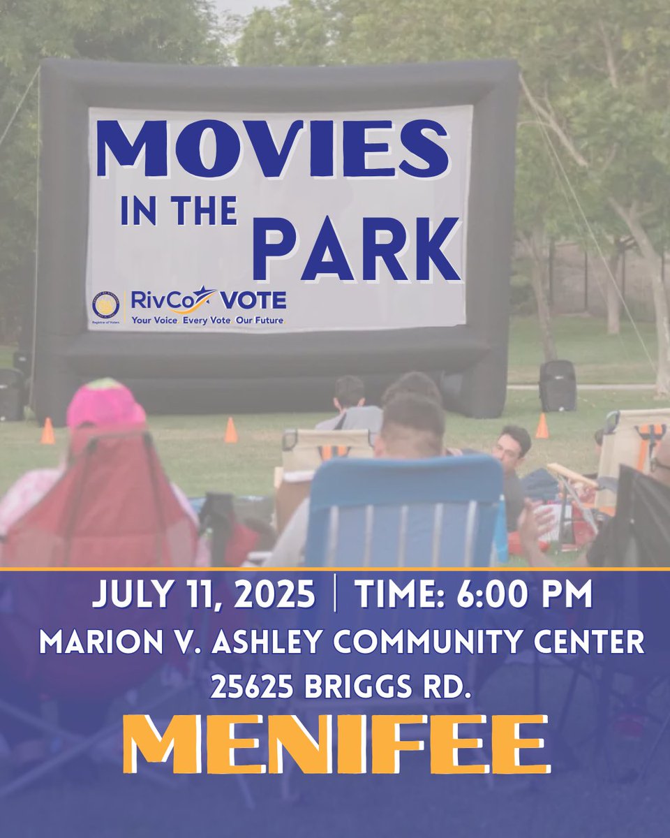 RivCoRegistrar's tweet image. Our outreach team will be in Menifee for Movies in the Park on July 11th!
We’ll be at:
📍25625 Briggs Road
🕗 6:00 pm to 10:00 pm
¡Nuestro Equipo de Extensión estará en Menifee para Cines en el Parque el 11 de julio!
Estaremos en:
📍25625 Briggs Road
🕗 6:00 pm to 10:00 pm