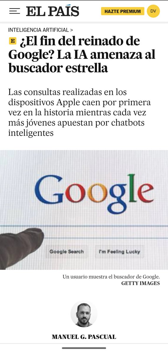 CeciliaRikap's tweet image. Hoy me leen en @elpais_espana opinando sobre @Google , las investigaciones antimonopolio y por qué tenemos que mirar cómo domina (con @amazon y @Microsoft la nube )

&quot;¿El fin del reinado de Google? La IA amenaza al buscador estrella&quot; elpais.com/tecnologia/202…