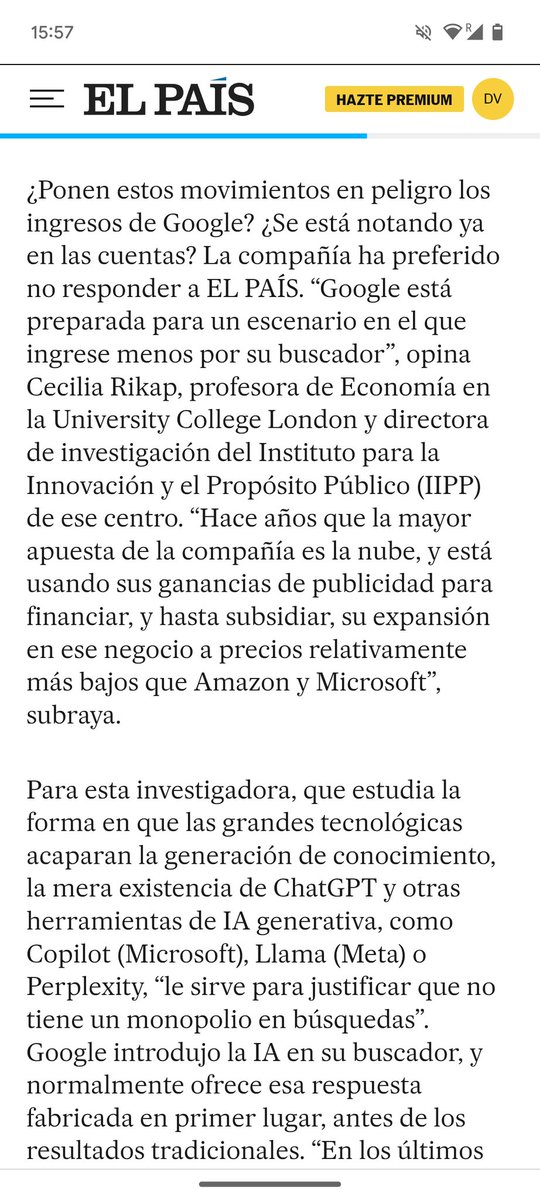 CeciliaRikap's tweet image. Hoy me leen en @elpais_espana opinando sobre @Google , las investigaciones antimonopolio y por qué tenemos que mirar cómo domina (con @amazon y @Microsoft la nube )

&quot;¿El fin del reinado de Google? La IA amenaza al buscador estrella&quot; elpais.com/tecnologia/202…